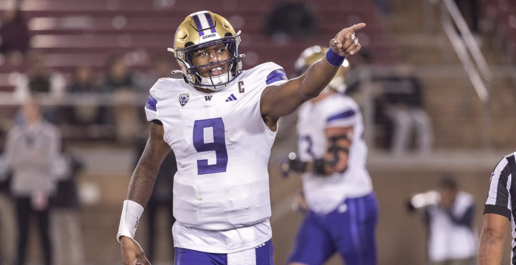 PALO ALTO, CA - OCTOBER 28: Quarterback Michael Penix Jr. #9 of the Washington Huskies celebrates after throwing a touchdown pass during a Pac-12 NCAA college football game against the Stanford Cardinal on October 28, 2023 at Stanford Stadium in Palo Alto, California.