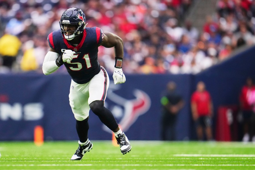 HOUSTON, TX - NOVEMBER 05: Will Anderson Jr. #51 of the Houston Texans defends against the Tampa Bay Buccaneers during the first half at NRG Stadium on November 5, 2023 in Houston, Texas. 