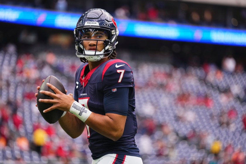 HOUSTON, TX - NOVEMBER 05: C.J. Stroud #7 of the Houston Texans warms up before kickoff against the Tampa Bay Buccaneers at NRG Stadium on November 5, 2023 in Houston, Texas. 