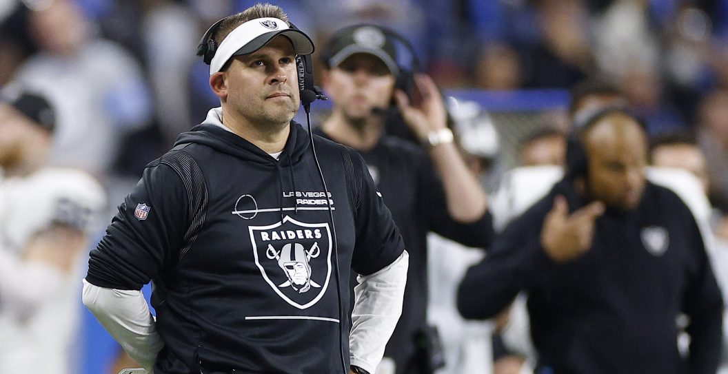 DETROIT, MICHIGAN - OCTOBER 30: Head coach Josh McDaniels of the Las Vegas Raiders looks on in the second half of a game against the Detroit Lions at Ford Field on October 30, 2023 in Detroit, Michigan.