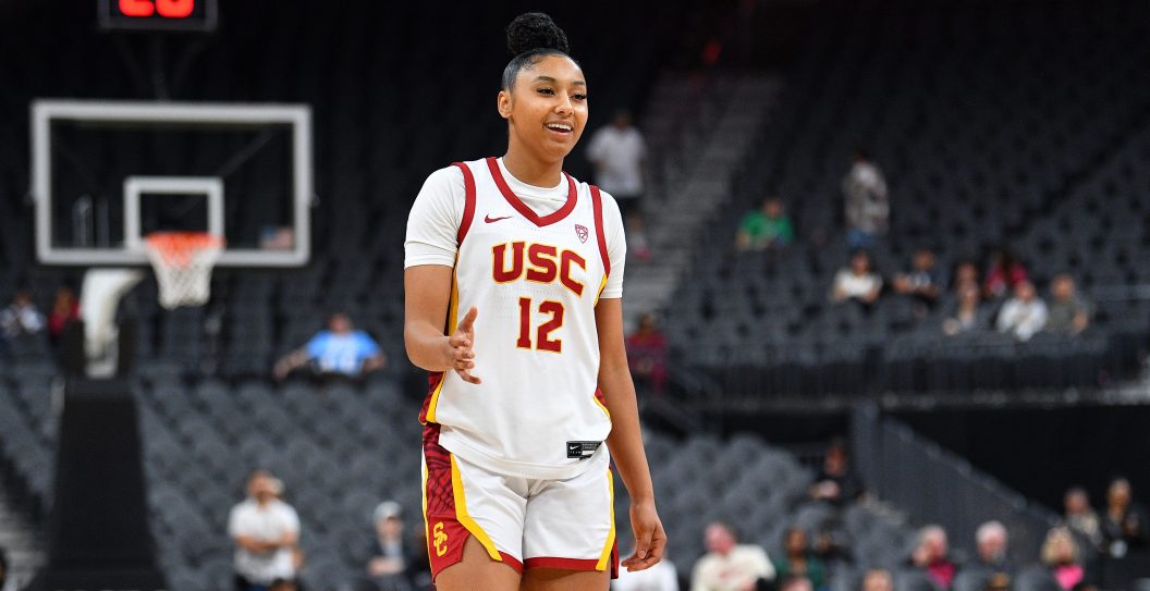 LAS VEGAS, NV - NOVEMBER 06: USC Trojans guard JuJu Watkins (12) celebrates during the Hall of Fame Series, a women's college basketball game between the Ohio State Buckeyes and the USC Trojans on November 6, 2023 at T-Mobile Arena in Las Vegas, NV.
