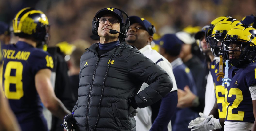 ANN ARBOR, MICHIGAN - NOVEMBER 04: Head coach Jim Harbaugh of the Michigan Wolverines looks on in the first half while playing the Purdue Boilermakers at Michigan Stadium on November 04, 2023 in Ann Arbor, Michigan.