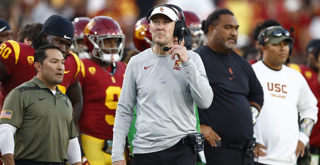 Head coach Lincoln Riley of the USC Trojans in the second quarter at United Airlines Field at the Los Angeles Memorial Coliseum on November 04, 2023 in Los Angeles, California.