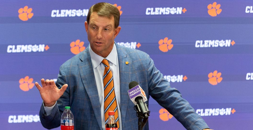 CLEMSON, SOUTH CAROLINA - NOVEMBER 4: Head coach Dabo Swinney of the Clemson Tigers takes questions from the media during a press conference at Memorial Stadium on November 4, 2023 in Clemson, South Carolina.