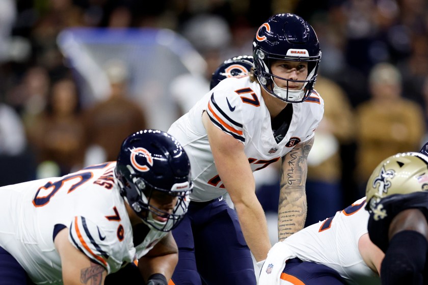 NEW ORLEANS, LOUISIANA - NOVEMBER 05: Tyson Bagent #17 of the Chicago Bears prepares to snap the ball during the first half in the game against the New Orleans Saints at Caesars Superdome on November 05, 2023 in New Orleans, Louisiana. 