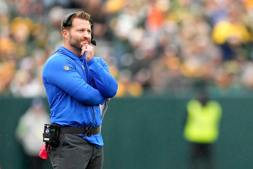 GREEN BAY, WISCONSIN - NOVEMBER 05: Head coach Sean McVay of the Los Angeles Rams looks on in the first half of a game against the Green Bay Packers at Lambeau Field on November 05, 2023 in Green Bay, Wisconsin. 