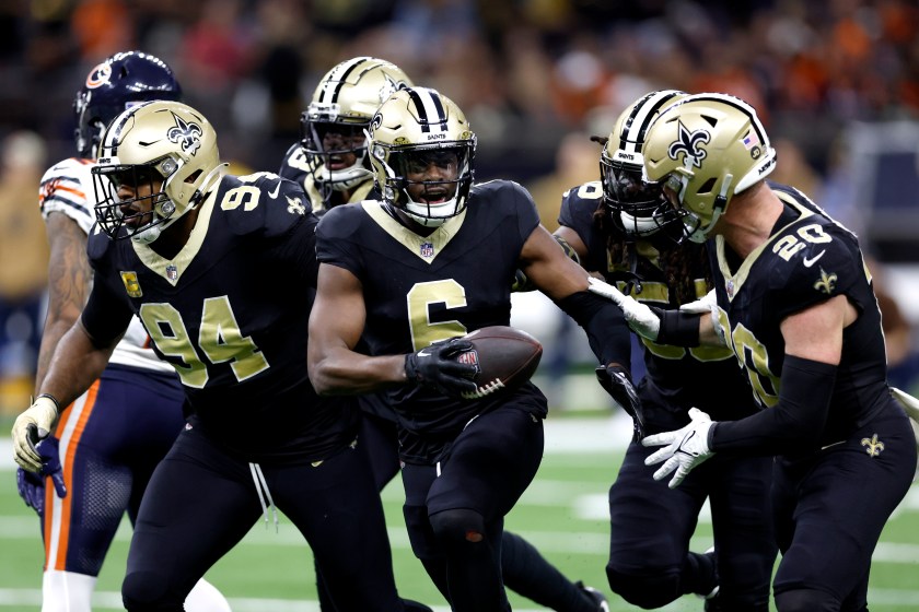 NEW ORLEANS, LOUISIANA - NOVEMBER 05: Marcus Maye #6 of the New Orleans Saints celebrates after intercepting a pass against the Chicago Bears during the fourth quarter at Caesars Superdome on November 05, 2023 in New Orleans, Louisiana. 