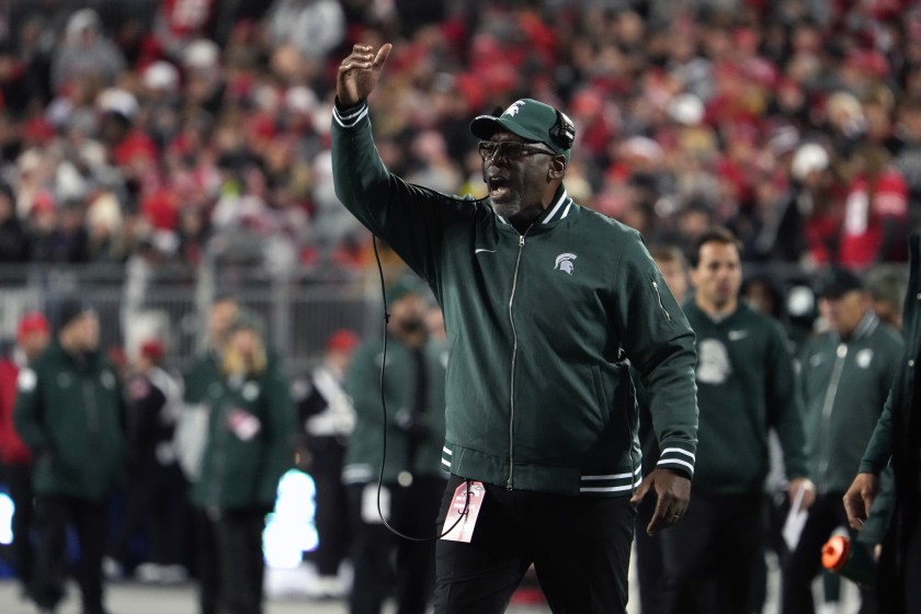 COLUMBUS, OH - NOVEMBER 11: Head coach Harlon Barnett of the Michigan State Spartans during the game against the Ohio State Buckeyes at Ohio Stadium in Columbus, Ohio on November 11, 2023. 