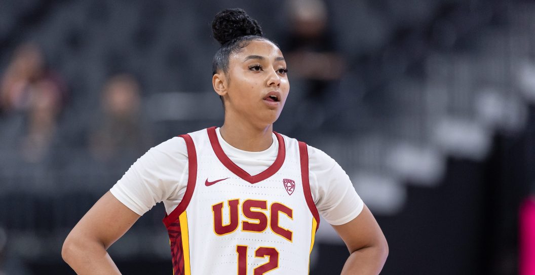 LAS VEGAS, NEVADA - NOVEMBER 6: JuJu Watkins #12 of the USC Trojans is seen during the game against the Ohio State Buckeyes during the Naismith Hall of Fame Series at T-Mobile Arena on November 6, 2023 in Las Vegas, Nevada.