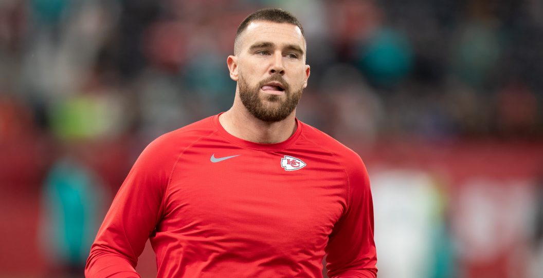 FRANKFURT AM MAIN, GERMANY - NOVEMBER 5: Travis Kelce of Kansas City Chiefs looks on during the NFL match between Miami Dolphins and Kansas City Chiefs at Deutsche Bank Park on November 5, 2023 in Frankfurt am Main, Germany.