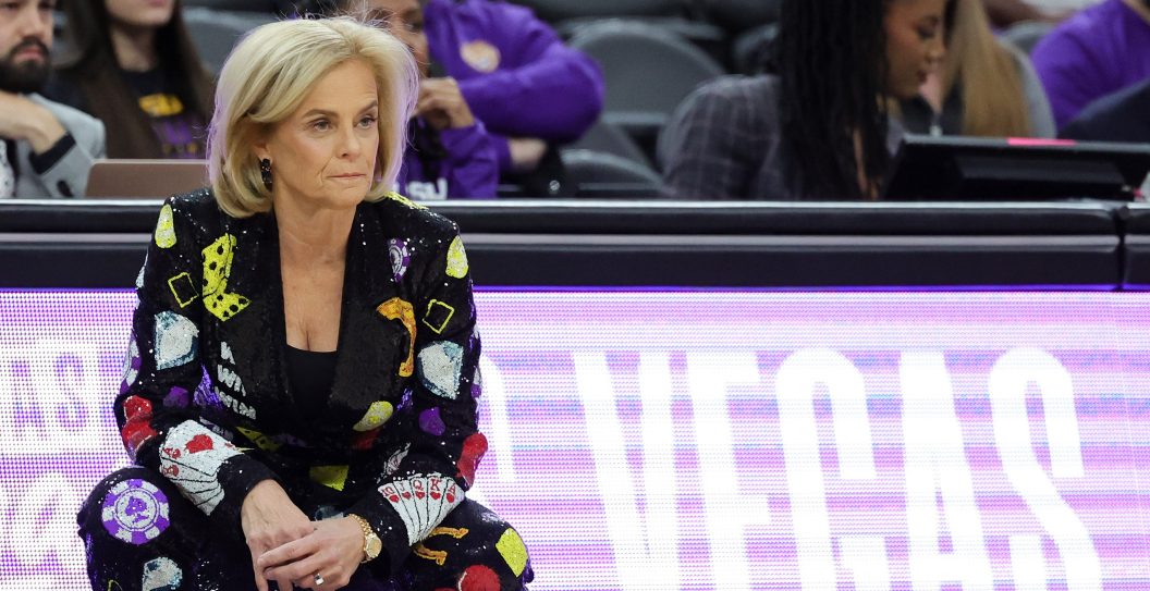 LAS VEGAS, NEVADA - NOVEMBER 06: Head coach Kim Mulkey of the LSU Lady Tigers looks on in the first half of a game against the Colorado Buffaloes during the Naismith Basketball Hall of Fame Series at T-Mobile Arena on November 06, 2023 in Las Vegas, Nevada. The Buffaloes defeated the Lady Tigers 92-78.