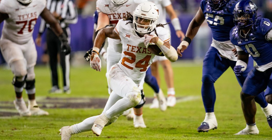 FORT WORTH, TX - NOVEMBER 11:Texas Longhorns running back Jonathon Brooks (24) rushes during a game between the Texas Longhorns and TCU Horned Frogs college football game on November 11, 2023 at Amon G. Carter Stadium