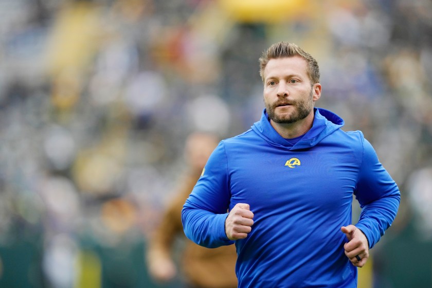 GREEN BAY, WISCONSIN - NOVEMBER 05:  Head coach Sean McVay of the Los Angeles Rams looks on before a game against the Green Bay Packers at Lambeau Field on November 05, 2023 in Green Bay, Wisconsin. 