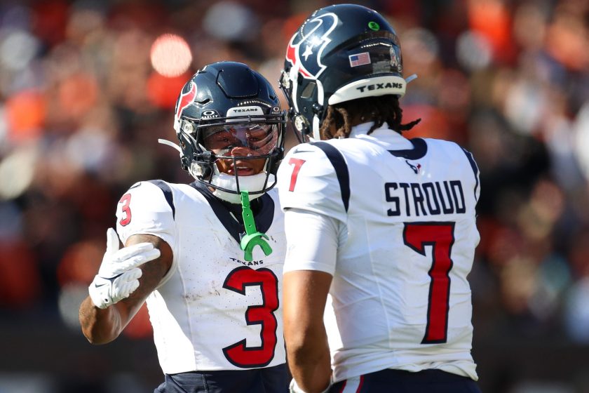 CINCINNATI, OH - NOVEMBER 12: Houston Texans wide receiver Tank Dell (3) talks with quarterback C.J. Stroud (7) during the game against the Houston Texans and the Cincinnati Bengals on November 12, 2023, at Paycor Stadium in Cincinnati, OH.