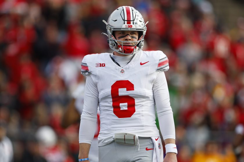 PISCATAWAY, NEW JERSEY - NOVEMBER 4: Quarterback Kyle McCord #6 of the Ohio State Buckeyes in action against the Rutgers Scarlet Knights during a college football game at SHI Stadium on November 4, 2023 in Piscataway, New Jersey.