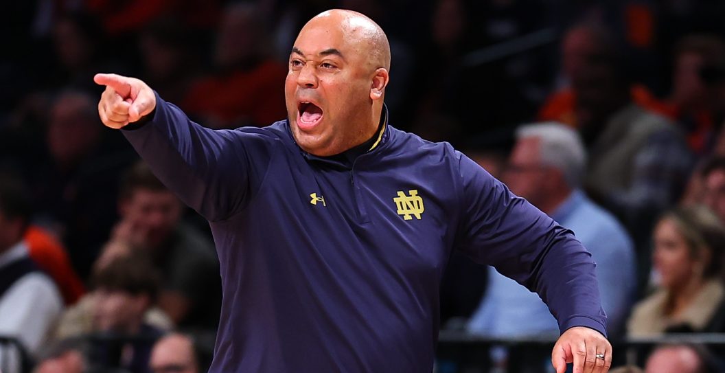 BROOKLYN, NY - NOVEMBER 16: Micah Shrewsberry head coach of the Notre Dame Fighting Irish during the first half of the Legends Classic college basketball game against the Auburn Tigers on November 16, 2023 at the Barclays Center in Brooklyn, New York.