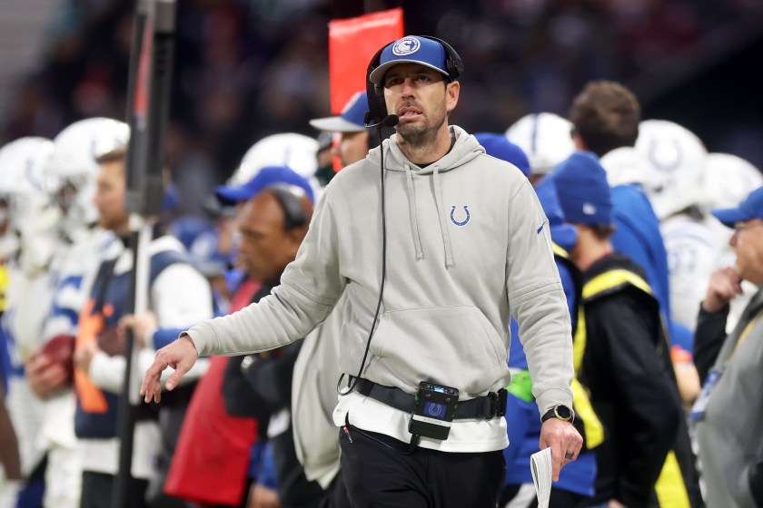 FRANKFURT AM MAIN, GERMANY - NOVEMBER 12: Shane Steichen, Head Coach of the Indianapolis Colts, looks on in the second quarter during the NFL match between the Indianapolis Colts and the New England Patriots at Deutsche Bank Park on November 12, 2023 in Frankfurt am Main, Germany. 