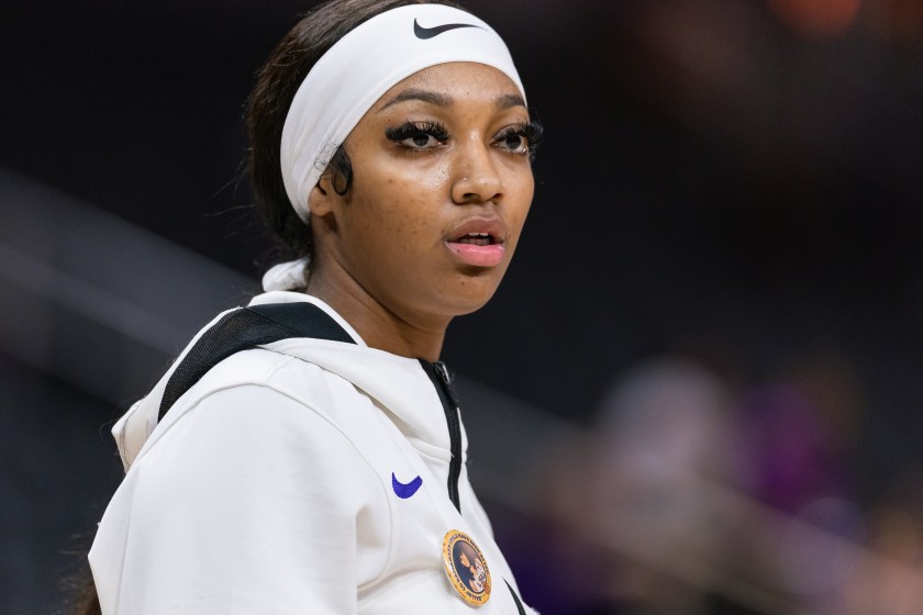 LAS VEGAS, NEVADA - NOVEMBER 6: Angel Reese #10 of the LSU Lady Tigers is seen before the game against the Colorado Buffaloes in the Naismith Hall of Fame Series at T-Mobile Arena on November 6, 2023 in Las Vegas, Nevada. 
