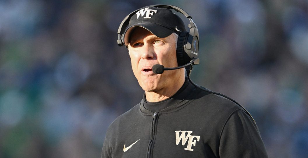 SOUTH BEND, INDIANA - NOVEMBER 18: Head coach Dave Clawson of the Wake Forest Demon Deacons looks on in the first half against the Notre Dame Fighting Irish at Notre Dame Stadium on November 18, 2023 in South Bend, Indiana.