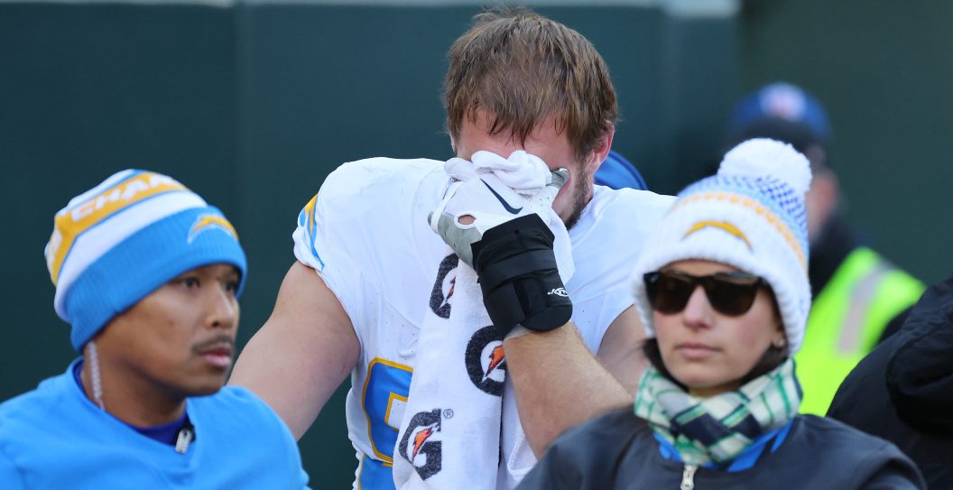 GREEN BAY, WISCONSIN - NOVEMBER 19: Joey Bosa #97 of the Los Angeles Chargers is carted off the field after being injured in the first quarter against the Green Bay Packers at Lambeau Field on November 19, 2023 in Green Bay, Wisconsin.