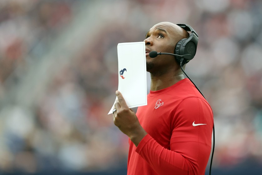 HOUSTON, TEXAS - NOVEMBER 19: Head coach DeMeco Ryans of the Houston Texans looks on during the first quarter of a game against the Arizona Cardinals at NRG Stadium on November 19, 2023 in Houston, Texas. 
