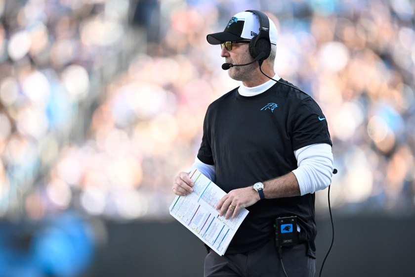 CHARLOTTE, NORTH CAROLINA - NOVEMBER 19: Head coach Frank Reich of the Carolina Panthers looks on during the second quarter in the game against the Dallas Cowboys at Bank of America Stadium on November 19, 2023 in Charlotte, North Carolina. 