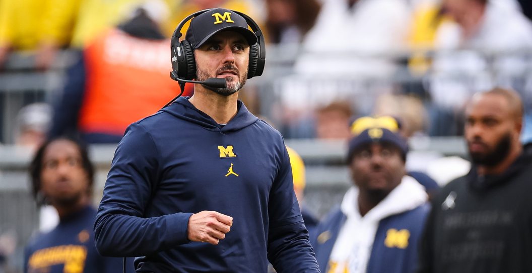STATE COLLEGE, PA - NOVEMBER 11: Defensive coordinator Jesse Minter of the Michigan Wolverines looks on from the sidelines during the second half of the game against the Michigan Wolverines at Beaver Stadium on November 11, 2023 in State College, Pennsylvania.