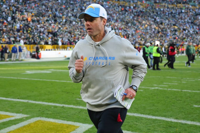 GREEN BAY, WISCONSIN - NOVEMBER 19: Head coach Brandon Staley of the Los Angeles Chargers walks off the field after losing to the Green Bay Packers 23-20 at Lambeau Field on November 19, 2023 in Green Bay, Wisconsin. 