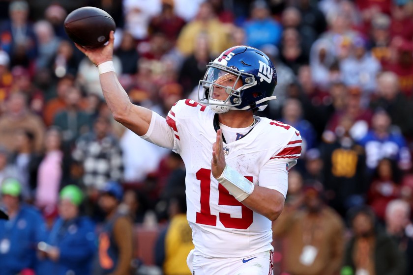 LANDOVER, MARYLAND - NOVEMBER 19: Quarterback Tommy DeVito #15 of the New York Giants throws a pass against the Washington Commanders at FedExField on November 19, 2023 in Landover, Maryland. 