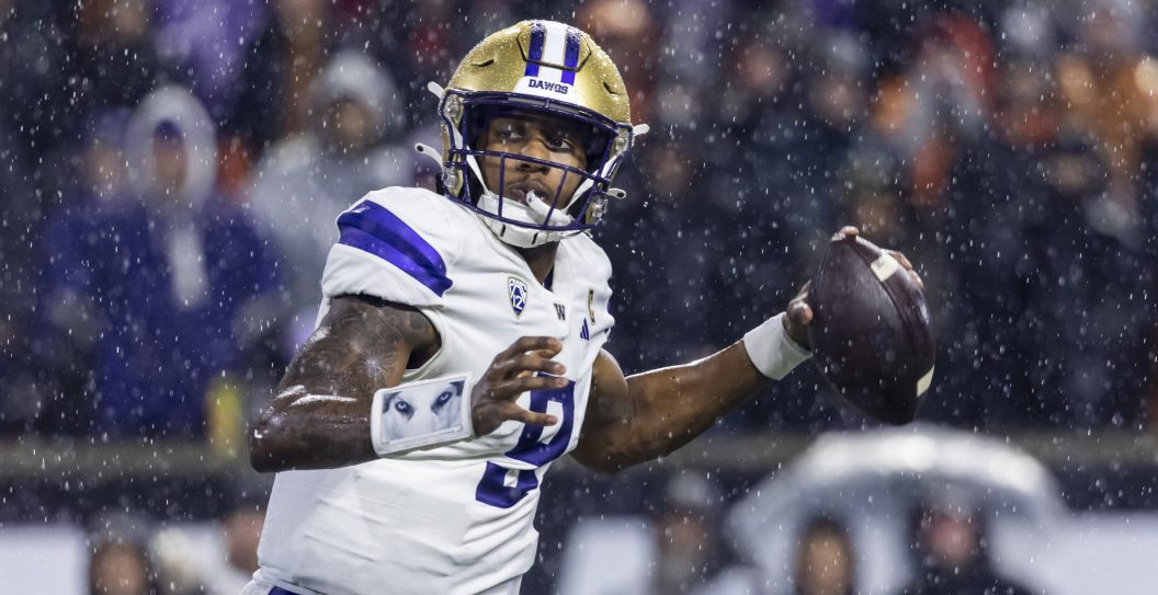 CORVALLIS, OREGON - NOVEMBER 18: Quarterback Michael Penix Jr. #9 of the Washington Huskies passes the ball against the Oregon State Beavers at Reser Stadium on November 18, 2023 in Corvallis, Oregon.