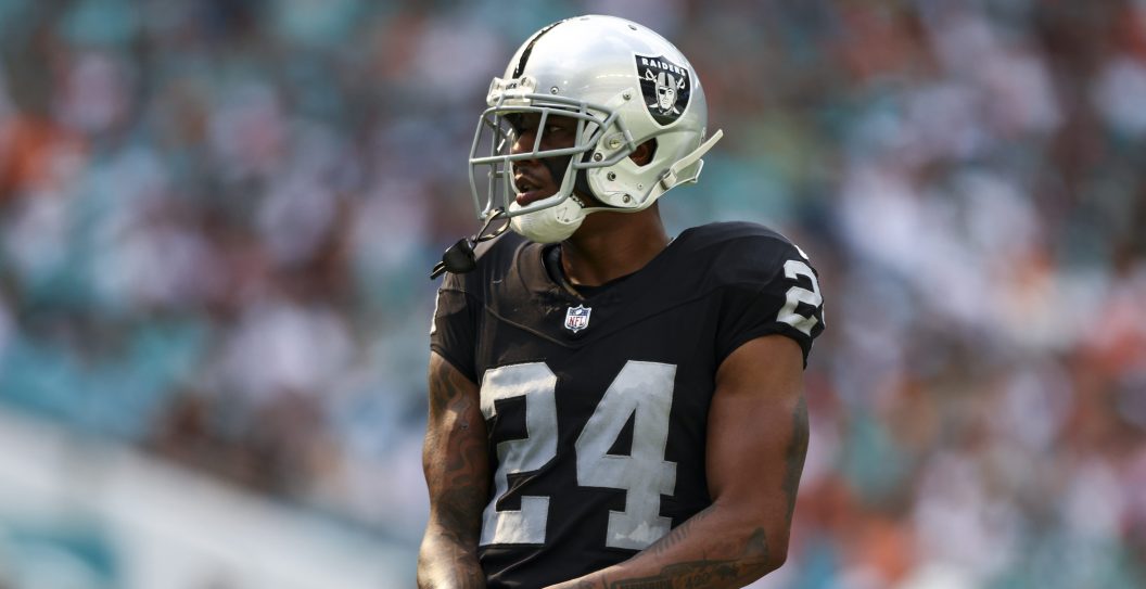 MIAMI GARDENS, FL - NOVEMBER 19: Marcus Peters #24 of the Las Vegas Raiders looks on during an NFL football game against the Miami Dolphins at Hard Rock Stadium on November 19, 2023 in Miami Gardens, Florida.
