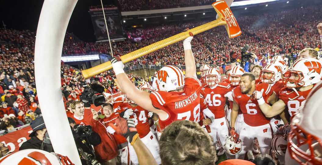 November 29th, 2014: Wisconsin Badgers offensive linemen Rob Havenstein (78) celebrates with Paul Bunyan's Axe as the Wisconsin defeated the Minnesota Golden Gophers (34-24) for Paul Bunyan's Axe and the Big Ten West division title at Camp Randall Stadium in Madison, WI