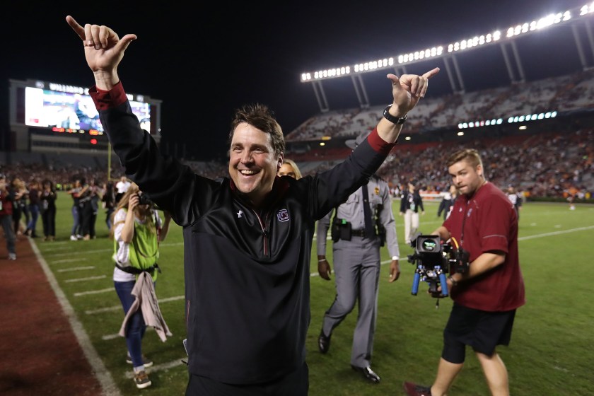 COLUMBIA, SC - OCTOBER 29:  Head coach Will Muschamp of the South Carolina Gamecocks celebrates after defeating the Tennessee Volunteers 24-21 in their game at Williams-Brice Stadium on October 29, 2016 in Columbia, South Carolina.  