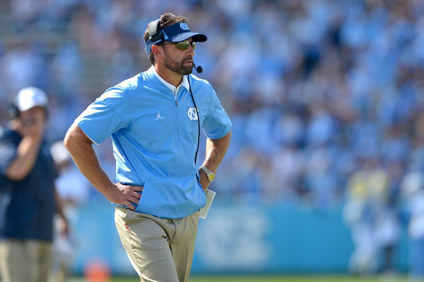 CHAPEL HILL, NC - SEPTEMBER 02:  Head coach Larry Fedora of the North Carolina Tar Heels watches during their game against the California Golden Bears at Kenan Stadium on September 2, 2017 in Chapel Hill, North Carolina. Cal won 35-30.  