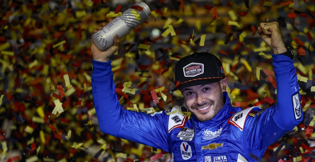 DARLINGTON, SOUTH CAROLINA - SEPTEMBER 03: Kyle Larson, driver of the #5 HendrickCars.com Chevrolet, celebrates in victory lane after winning the NASCAR Cup Series Cook Out Southern 500 at Darlington Raceway on September 03, 2023 in Darlington, South Carolina.