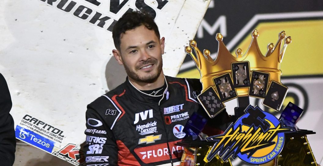 PUTNAMVILLE, IN - OCTOBER 10: Kyle Larson (57) Paul Silva Motorsports driver holds the trophy for winning the inaugural season championship in the High Limit Sprint Car Series. The season finale came, Tuesday, October 10, 2023, at Lincoln Park Speedway in Putnamville, Indiana.