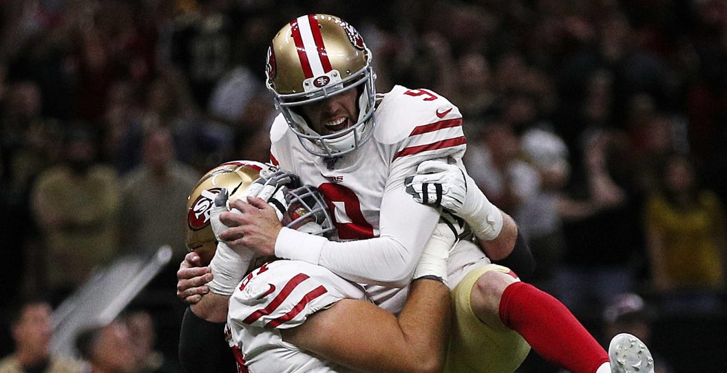 NEW ORLEANS, LOUISIANA - DECEMBER 08: Robbie Gould #9 of the San Francisco 49ers celebrates after kicking the game winning field goal against the New Orleans Saints at Mercedes Benz Superdome on December 08, 2019 in New Orleans, Louisiana.