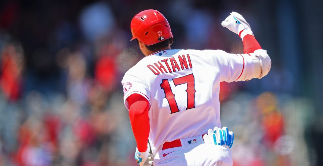 ANAHEIM, CA - JUNE 20: Shohei Ohtani #17 of the Los Angeles Angels pumps his fist as he rounds the bases after hitting a two-run home run in the fifth inning of the game against the Detroit Tigers at Angel Stadium of Anaheim on June 20, 2021 in Anaheim, California.
