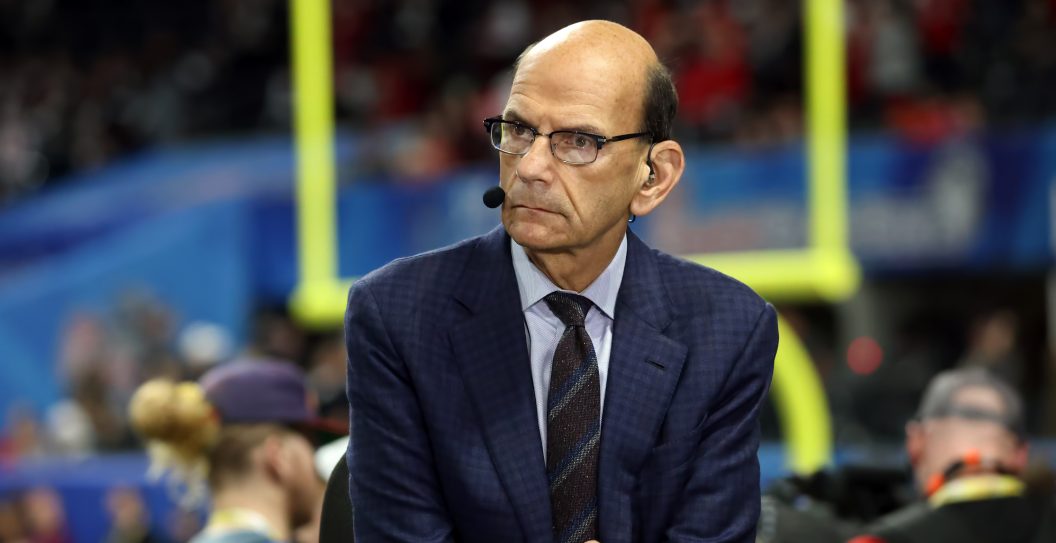 ATLANTA, GA - DECEMBER 31: ESPN/SEC Network Analyst Paul Finebaum is on set prior to the college football Playoff Semifinal game at the Chick-fil-a Peach Bowl between the Georgia Bulldogs and the Ohio State Buckeyes on December 31, 2022 at Mercedes-Benz Stadium in Atlanta, Georgia.