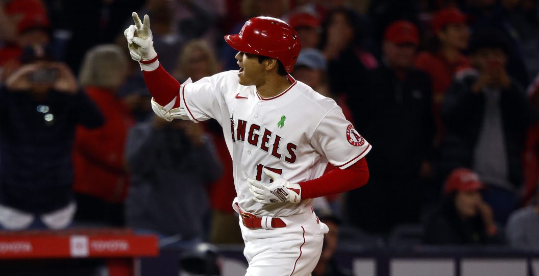 ANAHEIM, CALIFORNIA - MAY 09: Shohei Ohtani #17 of the Los Angeles Angels celebrates after hitting a grand slam against the Tampa Bay Rays in the seventh inning at Angel Stadium of Anaheim on May 09, 2022 in Anaheim, California.