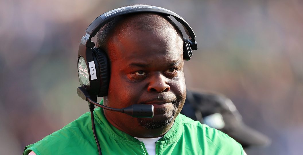 SOUTH BEND, INDIANA - SEPTEMBER 10: Head coach Charles Huff of the Marshall Thundering Herd looks on against the Notre Dame Fighting Irish during the second half at Notre Dame Stadium on September 10, 2022 in South Bend, Indiana.