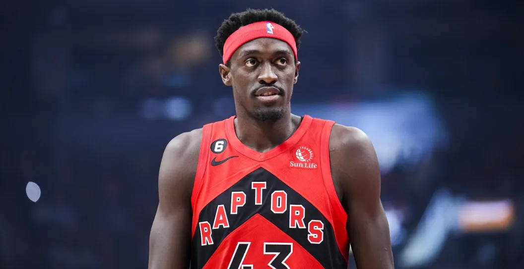 TORONTO, ON - OCTOBER 26: Pascal Siakam #43 of the Toronto Raptors looks on against the Philadelphia 76ers during the first half of their basketball game at the Scotiabank Arena on October 26, 2022 in Toronto, Ontario, Canada. NOTE TO USER: User expressly acknowledges and agrees that, by downloading and/or using this Photograph, user is consenting to the terms and conditions of the Getty Images License Agreement.