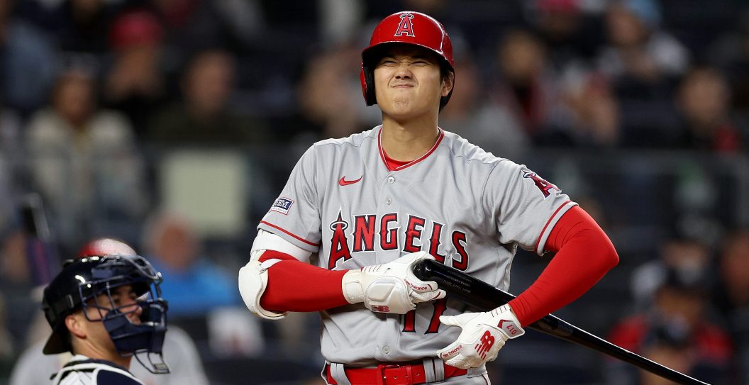 BRONX, NEW YORK - APRIL 18: Shohei Ohtani #17 of the Los Angeles Angels reacts after a strike during his at bat against the New York Yankees in the third inning at Yankee Stadium on April 18, 2023 in the Bronx borough of New York City.