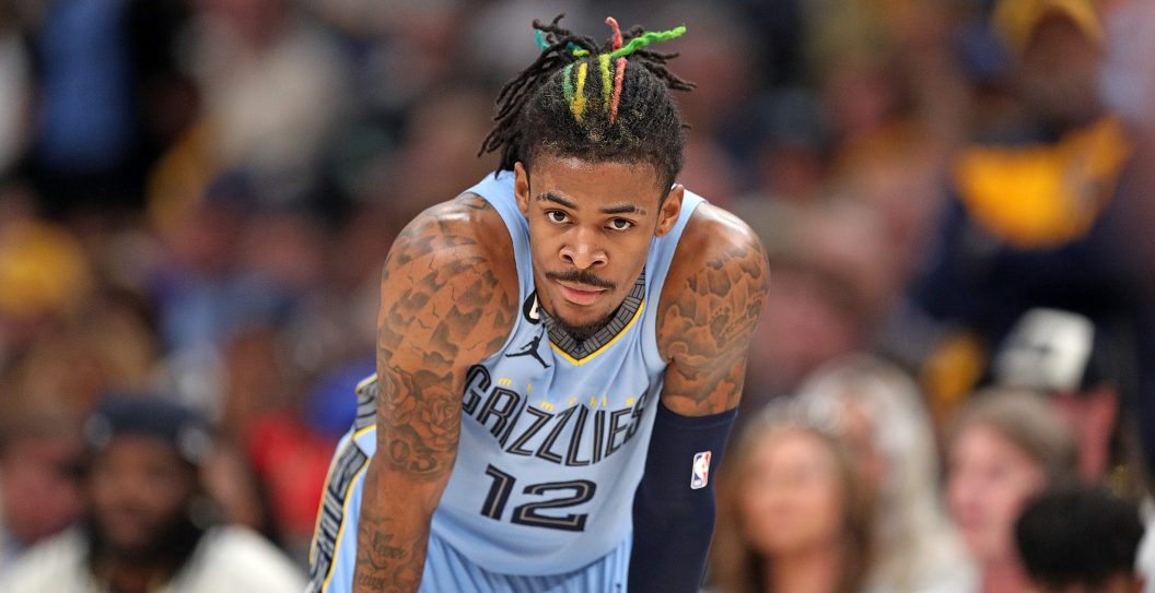 MEMPHIS, TENNESSEE - APRIL 26: Ja Morant #12 of the Memphis Grizzlies looks on against the Los Angeles Lakers during Game Five of the Western Conference First Round Playoffs at FedExForum on April 26, 2023 in Memphis, Tennessee. NOTE TO USER: User expressly acknowledges and agrees that, by downloading and or using this photograph, User is consenting to the terms and conditions of the Getty Images License Agreement.