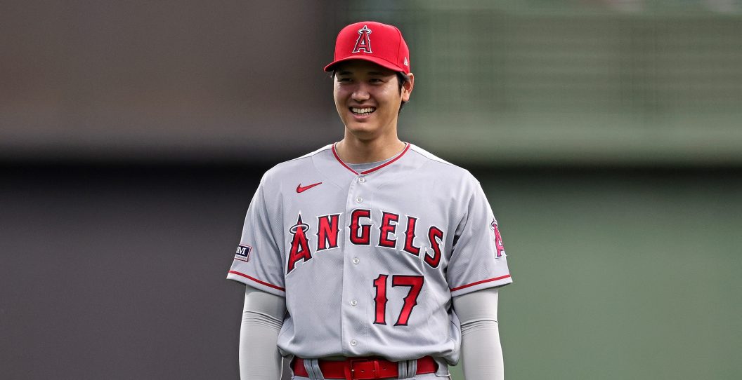 MILWAUKEE, WISCONSIN - APRIL 28: Shohei Ohtani #17 of the Los Angeles Angels participates in warmups prior to a game against the Milwaukee Brewers at American Family Field on April 28, 2023 in Milwaukee, Wisconsin.