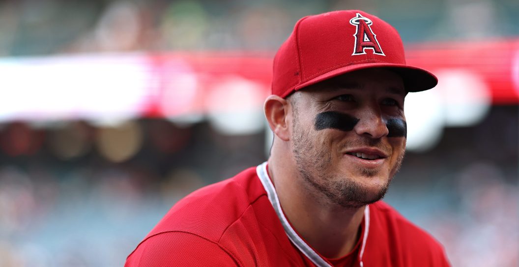 ANAHEIM, CALIFORNIA - APRIL 24: Mike Trout #27 of the Los Angeles Angels reacts prior to a game between the Los Angeles Angels and the Oakland Athletics at Angel Stadium of Anaheim on April 24, 2023 in Anaheim, California.
