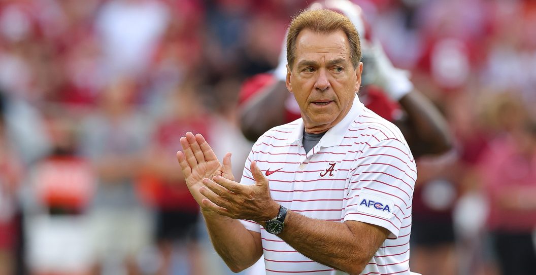 TUSCALOOSA, ALABAMA - SEPTEMBER 02: Head coach Nick Saban of the Alabama Crimson Tide during warms up prior to facing the Middle Tennessee Blue Raiders at Bryant-Denny Stadium on September 02, 2023 in Tuscaloosa, Alabama.