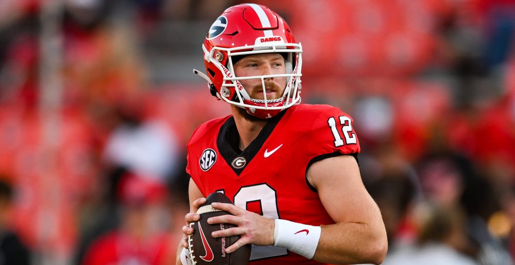 ATLANTA, GA SEPTEMBER 23: Georgia quarterback Brock Vandagriff (12) warms up prior to the start of the college football game between the UAB Blazers and the Georgia Bulldogs on September 23rd, 2023 at Sanford Stadium in Athens, GA.