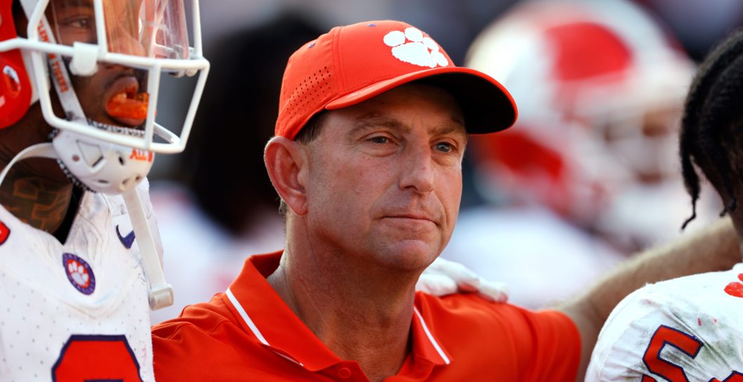 RALEIGH, NORTH CAROLINA - OCTOBER 28: Head coach Dabo Swinney of the Clemson Tigers looks on following their game against the NC State Wolfpack at Carter-Finley Stadium on October 28, 2023 in Raleigh, North Carolina. NC State won 24-17.