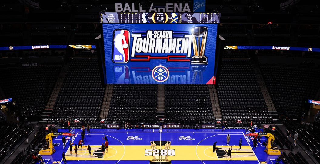 DENVER, COLORADO - NOVEMBER 3: A general view of the court is seen before the game between the Denver Nuggets and the Dallas Mavericks during the NBA In-Season Tournament at Ball Arena on November 3, 2023 in Denver, Colorado. NOTE TO USER: User expressly acknowledges and agrees that, by downloading and or using this photograph, User is consenting to the terms and conditions of the Getty Images License Agreement.